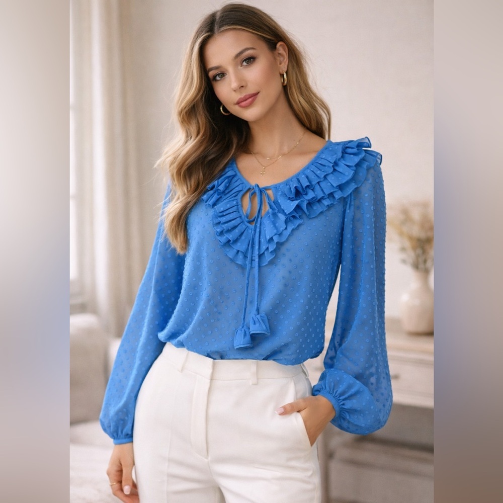 Rebecca Taylor Silk Blend Ruffled Blouse Blue Swiss Dot Tie Neck Romantic Top 4